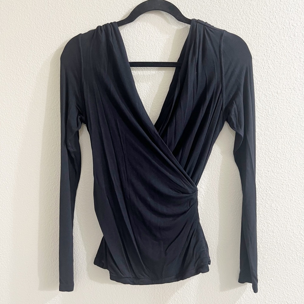 Free People Black Wrap V-Neck Ruched Long Sleeve Top Small Womens Balletcore